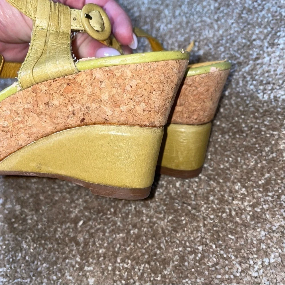 Mizz Mooz wedge sandals green & yellow ankle strap open toe SZ 39 US 8 70's